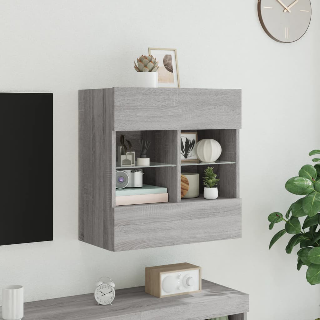 Wall Mounted TV Cabinet with LED Lights Grey Sonoma 58.5 x 30 x 60.5 cm
