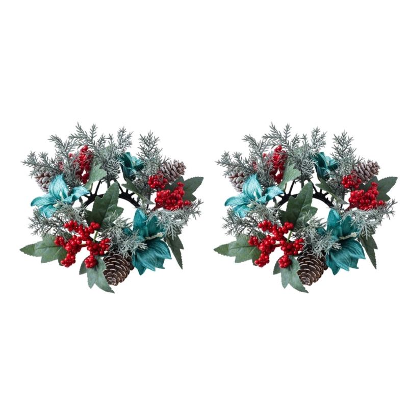 Door Wall Window Christmas Ornament Artificial Pinecone Candlestick Wreaths with Red Berries & Leaf Table Centerpiece