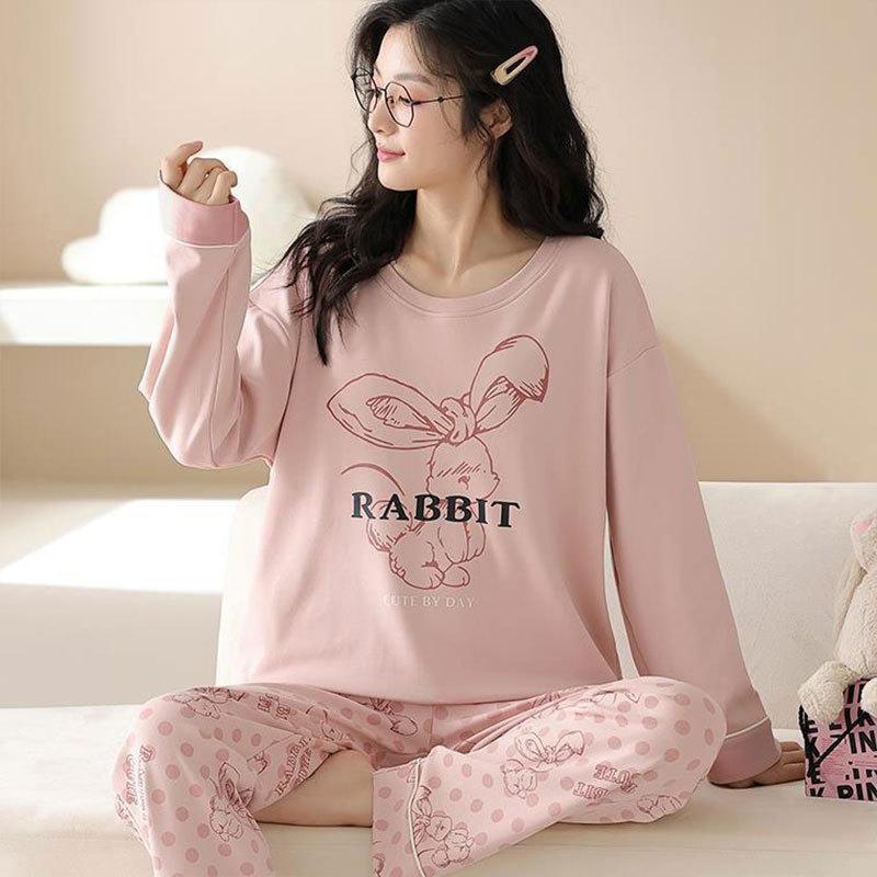Autumn and winter thin sweet casual pajamas women's Korean cartoon long-sleeved trousers set women's loungewear can be worn outside