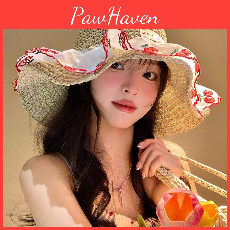 Cherry Sun Lace Hat Women Summer Beach Vacation Large Brim Sun Cap Protection