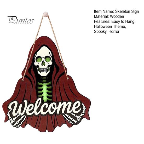 Front Porch Decor Halloween Skeleton Welcome Sign, Spooky Wooden Grim Reaper Shaped Door Rustic Hanging Sign Hanger, Horror Wall Plaque for