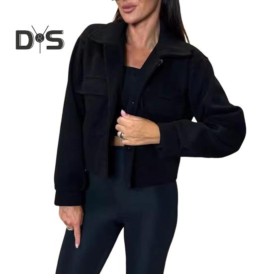 

Осень-зима Женская куртка с отложным воротником в английском стиле, нагрудными карманами, ветрозащитная верхняя одежда, однобортная, однотонная, с застежкой на пуговицы, для ежедневных поездок на работу M чёрный