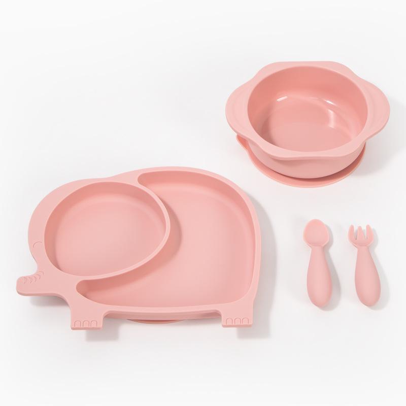 Baby Tableware Set: Silicone Divided Plate, Bib, Spoon, Fork, Bowl, and Suction Cup