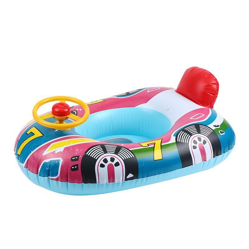 Cartoon Inflatable Swimming Ring Car with Horn & Steering Wheel for Ages 1-3