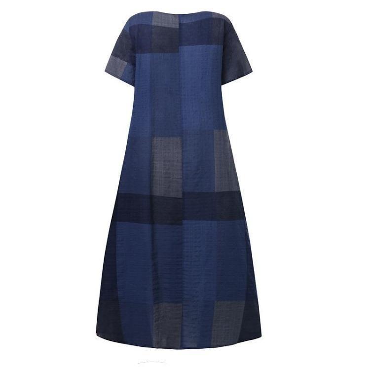 Vår Sommar Dam Bohemisk Klänning Lång Lös Midja Rutigt Tryck Rund Hals Kort Ärm Fickor Storlekar S Till 5XL