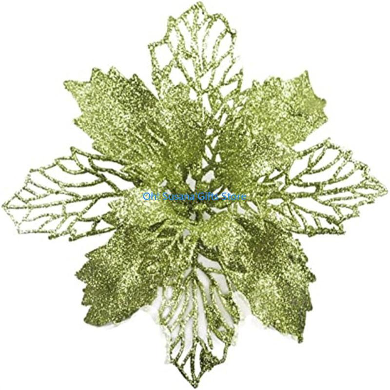 

090D Poinsettia Flowers with Stems for Christmas Tree Faux Flowers New Year Ornaments Xmas Garland Wreath Decorations зелений
