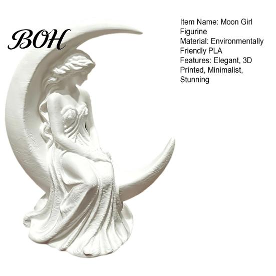 Eco Friendly PLA Statue Moon Girl Figurine, 3D Printed Mystical On Crescent Small for Tabletop Statue, Collectible Sculpture Bedroom Shelf Decor