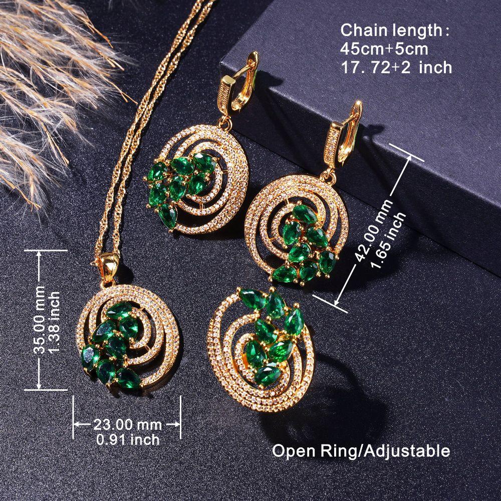New Golden Color Wedding Jewelry Sets For Women Green Zirconia Bracelet Earrings Necklace Pendant Open Ring Christmas Gifts