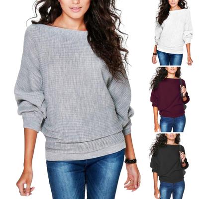Boot-ausschnitt Batwing Langarm Rippen Frauen Strickwaren Herbst Winter Einfarbig Lose Pullover Top Streetwear