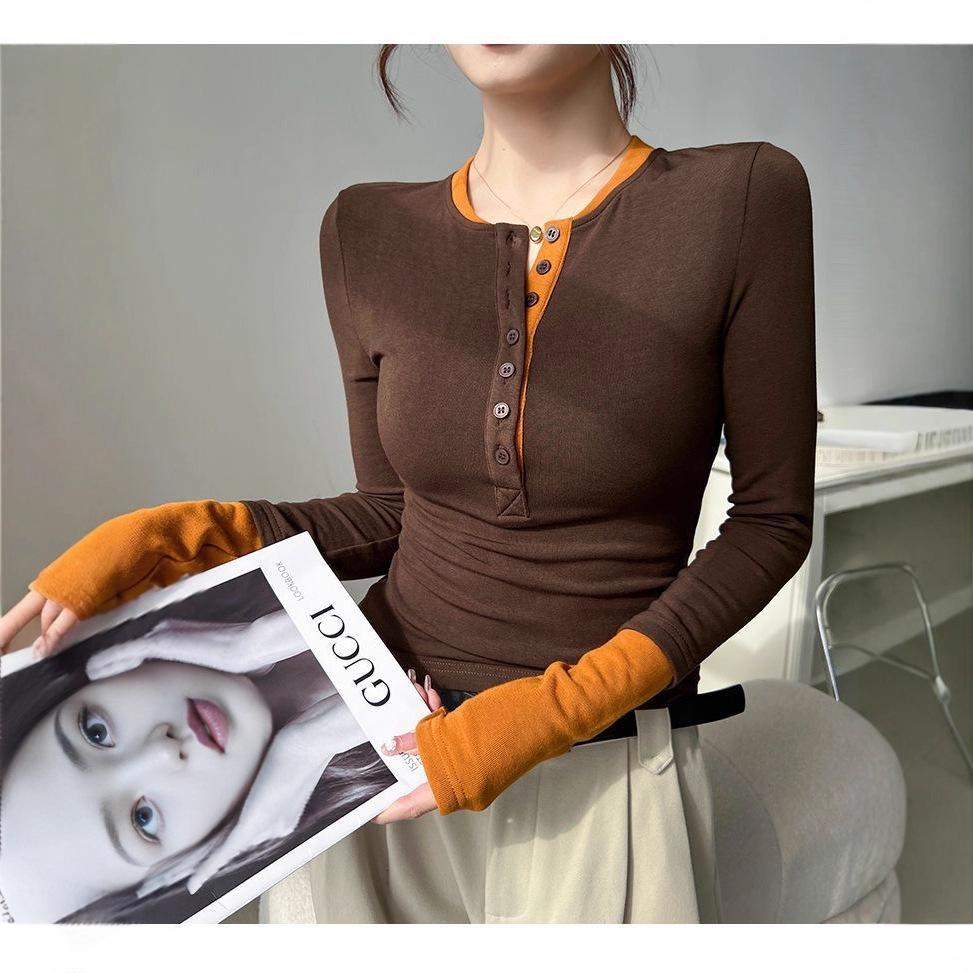 American Color Block Fashion Faux Two-Piece Long Sleeve Slimming Autumn Top