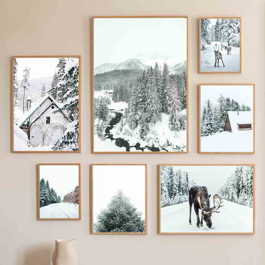 Vinter Snø Skog Fjell Furutre Elg Hjort Veggkunst Lerretsmaleri Plakater og utskrifter Veggbilder til stuedekor