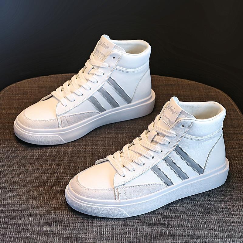 Leather High-top Shoes Women's Autumn and Winter New Women's Shoes Versatile Flat-bottomed Color Matching Casual Board Shoes White Shoes