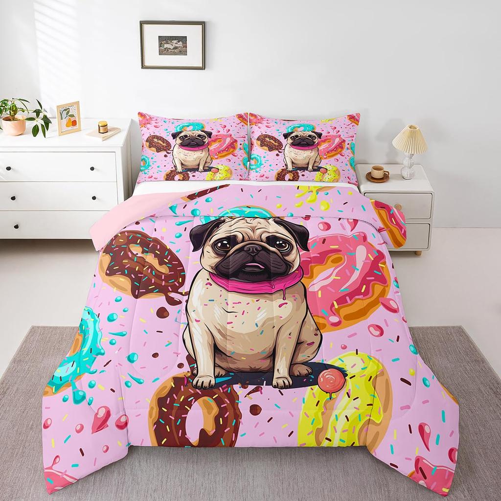 Carton Pug Soft Duvet Cover Set Children Kids Lovely Dog Print Beding Set Young Boys Tens Young Girls Desert Donut Rom Decor Warm Comforter Cover
