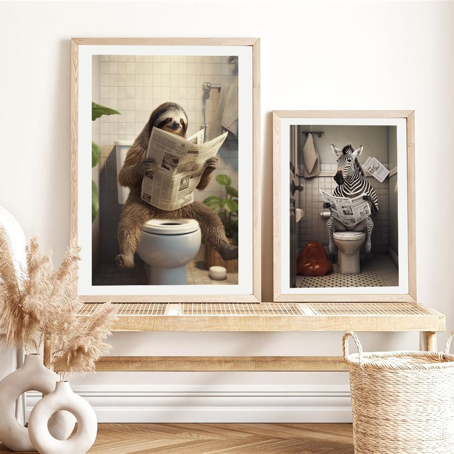 Funny Bathroom Humor Wall Decor Lion Leopard Tiger Sitting On The Toilet Reading A Newspaper Poster Art Print Canvas Painting