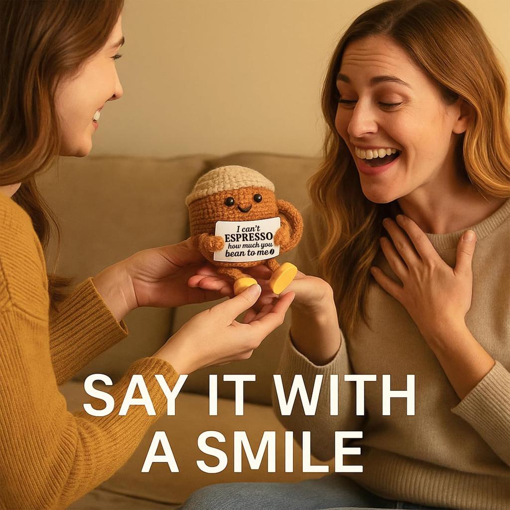Lustiger handgewebter positive Energie Kaffeetassenhalter Emotionale Heimzimmerdekoration Plüsch Strickpuppe Geburtstags-Weihnachtsgeschenk