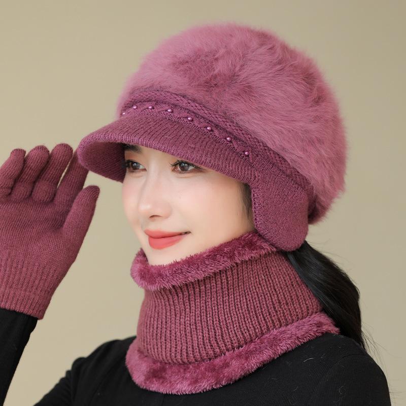 Middle-aged and Elderly Hats Rabbit Fur Knitted Wool Hats Women's Autumn and Winter Warm Mother Hats Winter