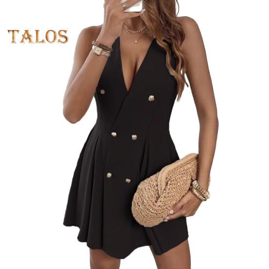 

Женское двубортное платье-блейзер без рукавов с глубоким V-образным вырезом, мини-платье, летняя короткая плиссированная юбка с высокой талией XL чёрный