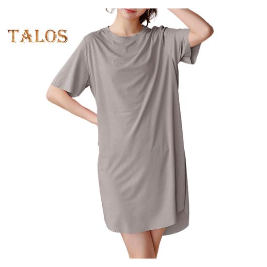 Damen Sommerkleid Rundhalsausschnitt Locker Einfarbig Kurze Ärmel Eisseide Freizeitkleidung Homewear Pyjama Knielanges Nachthemd