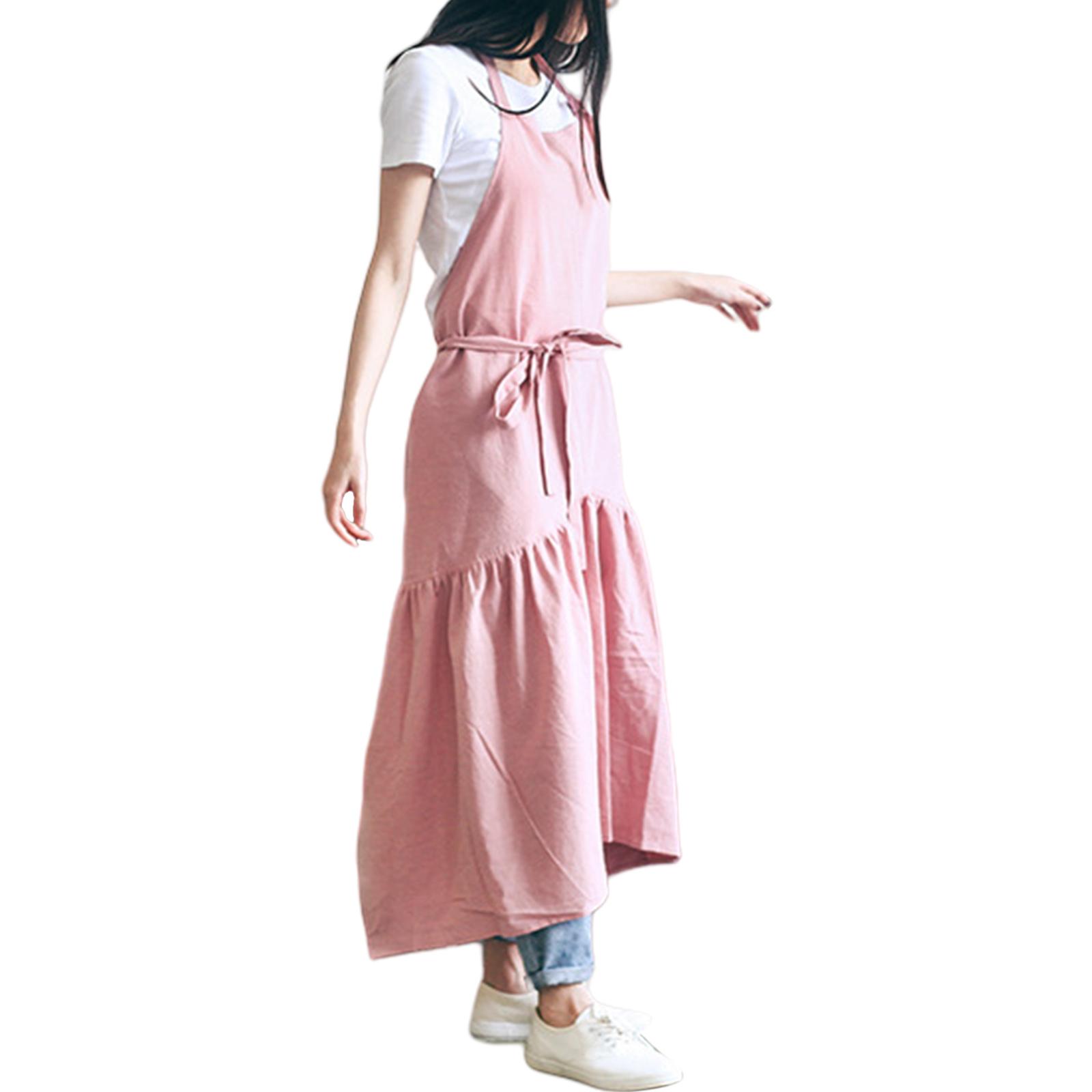 Cotton Linen Apron for Women Plain Work Apron Pinafore Dress Adjustable Casual Apron for Cooking Gardening Coffee Shop розовый