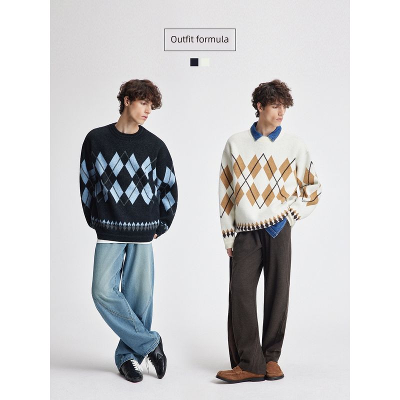 Bodydream Nordic Fair Isle Sweater for Men, Diamond Pattern Knitwear, Color-Blocked Knit Top/Round Neck Wave Craft