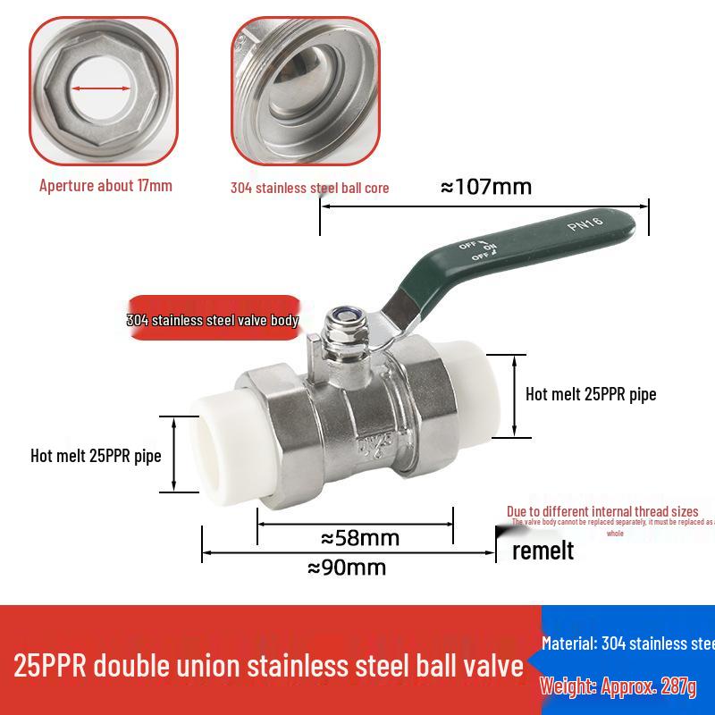 4-Point Double Union 20PPR Stainless Steel Ball Valve for Household Water Pipe Fittings