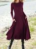 Women'S New European And American Wish Long-Sleeved Crew Neck Solid Color Long Women'S Dress