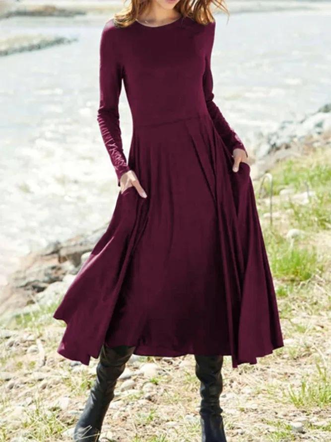 Women'S New European And American Wish Long-Sleeved Crew Neck Solid Color Long Women'S Dress