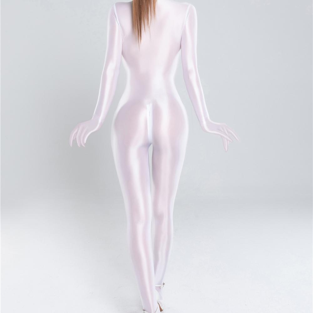 Womens Shiny Satin Glossy Silky Leotard Jumpsuit 2 Zipper Open Bust & Crotch Bodysuit Catsuit