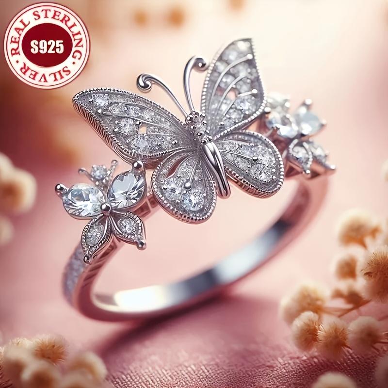 S Silver Fairy Three-Dimensional Double Butterfly Fully inlaid5A Zircon Women's Ring Elegant and Delicate Butterfly-Shaped Ring In Forest Style