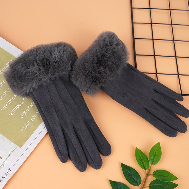 New Women Winter Keep Warm Touch Screen Suede Fabric Female Plush Wrist Not Bloated Elegant Solid Soft Cycling Drive Gloves