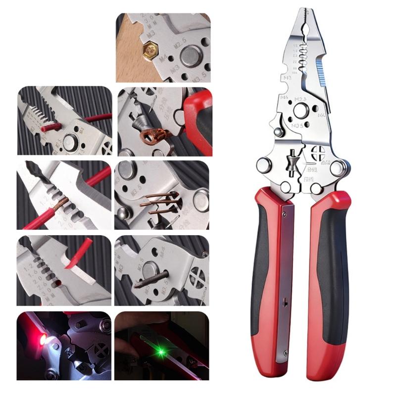 Space Saving Foldable Electrician Pliers Tool With Illumination For Wire Stripping Cutting And Crimping In Low Light