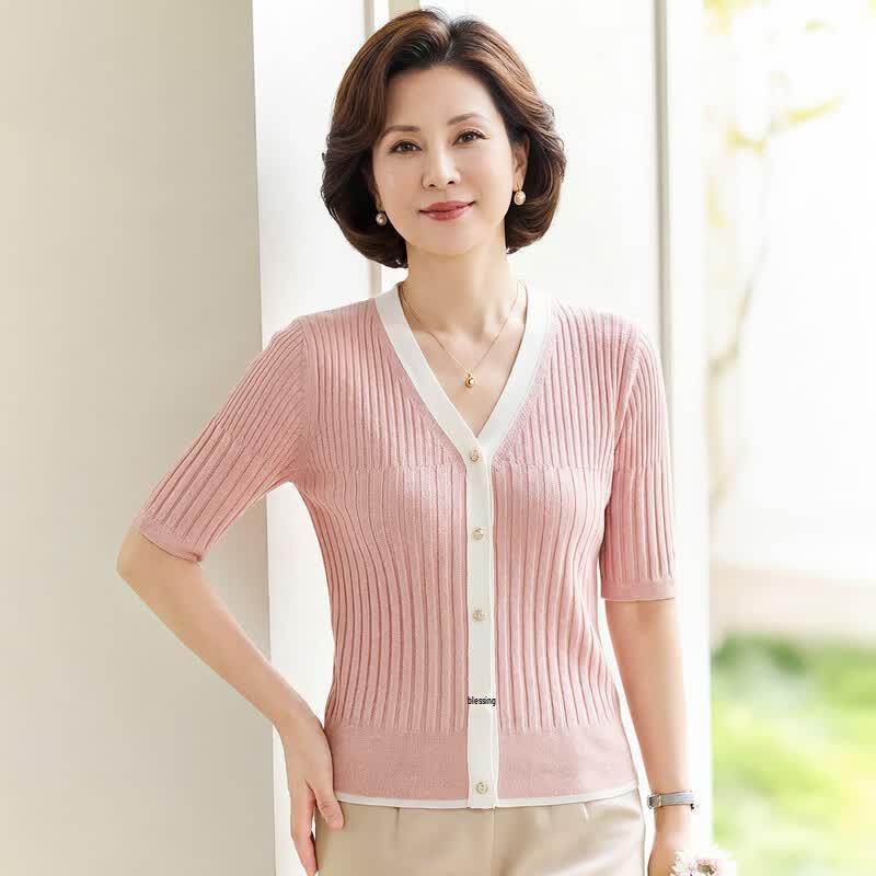 Haoyi Women s V-Neck Short Sleeve Knit Cardigan with Silk Blend L