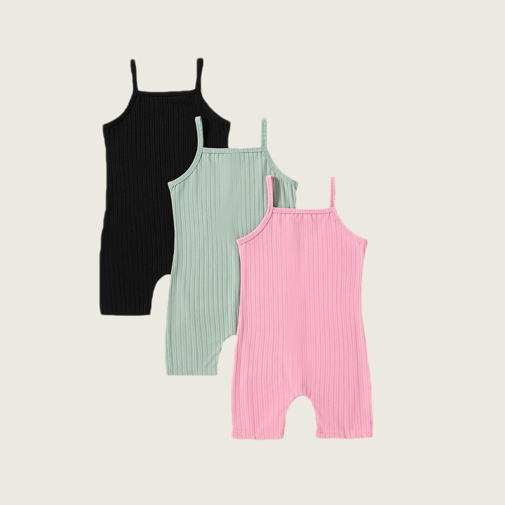Girls Ribbed Knit Sleeveless Jumpsuit Set 3 Pack Stretchy Soft Fabric Comfortable Fit Casual One-Piece Outfit for Toddlers and Kids