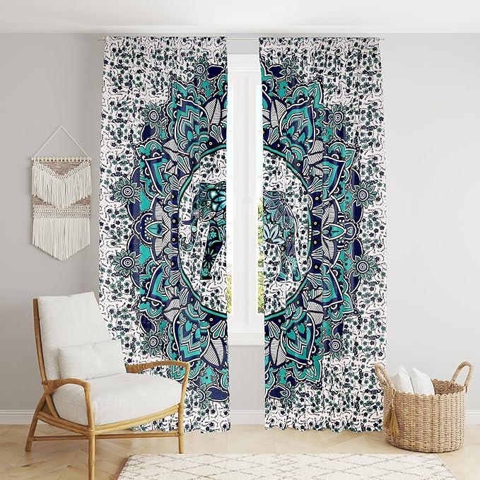 BLESS INTERNATIONAL Beautiful Indian Bohemian Psychedelic Hippie Ombre Window Curtain Panels for Bedroom, Living, Balcony (Elephant Flower)