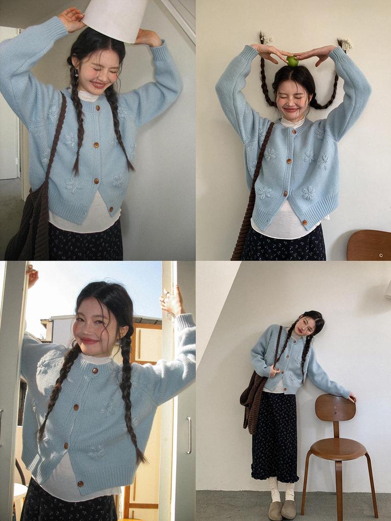 Women's Loose Korean Style Long Sleeve Knit Cardigan with 3D Blue Flower - Early Spring 2026 Collection