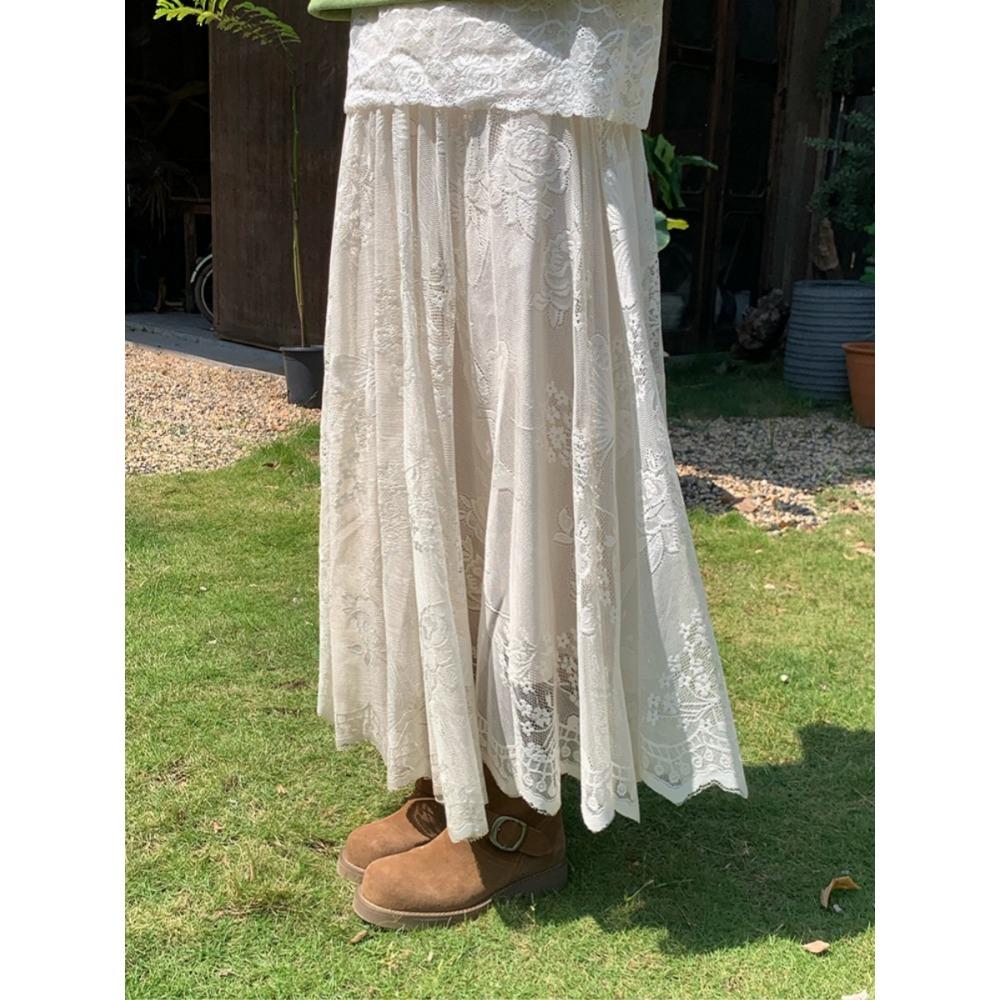 DIMANAF 2025 Summer Women New White Skirts Vintage Elastic Pleated Elegant  Long Skirts Lace High Waist