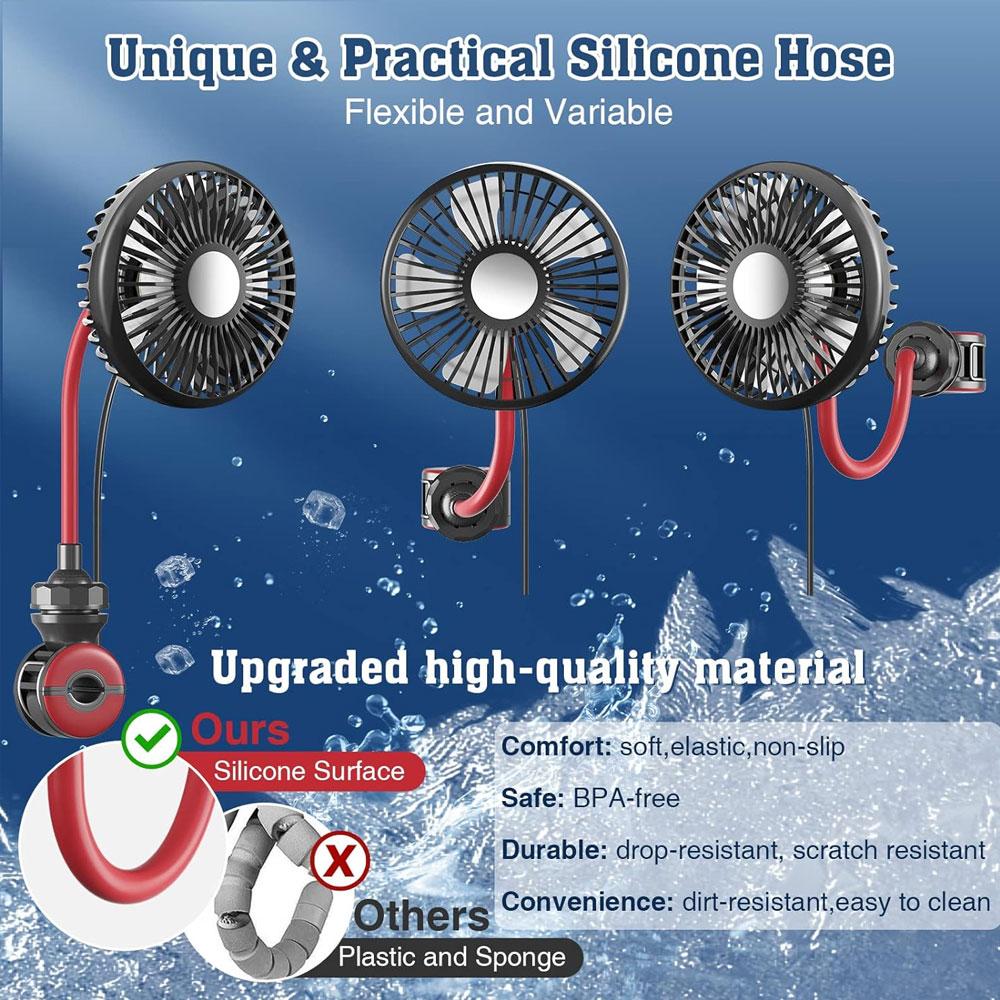 5V Car Fan Cooling Backseat Fan 360 Degree Rotatable 3 Speeds Strong Wind Quiet Ventilation Fan  Adjustable Clip Car Seat Fan