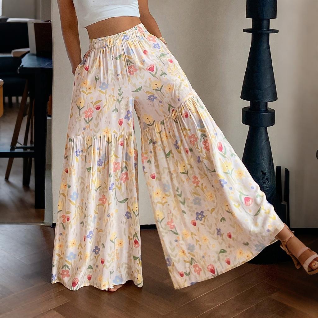 Women's High Waist Wide Leg Pants Loose Fit Lightweight Floral Print Casual Palazzo Trousers with Elastic Waistband and Side Pockets