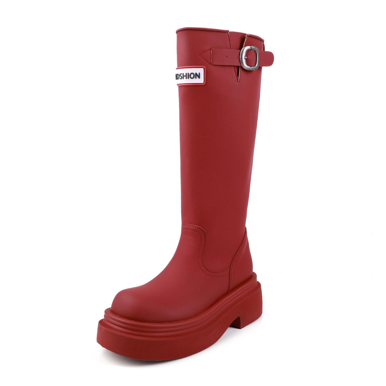 

2026 New Leather Version Outdoor Rain Boots Women s High-Cut Knight Boots Knee-High Long Boots Thick Bottom Round Toe 35 красный