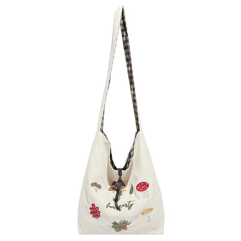 Mori Mushroom Embroidered Shoulder Messenger Bag Corduroy Plaid Double-sided Bag Autumn and Winter New Retro Student Class Bag