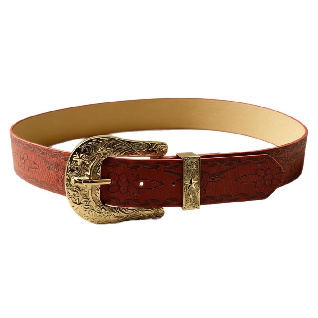 American denim red embossed decorative belt, full set of engraved hardware five-star horseshoe buckle western retro belt