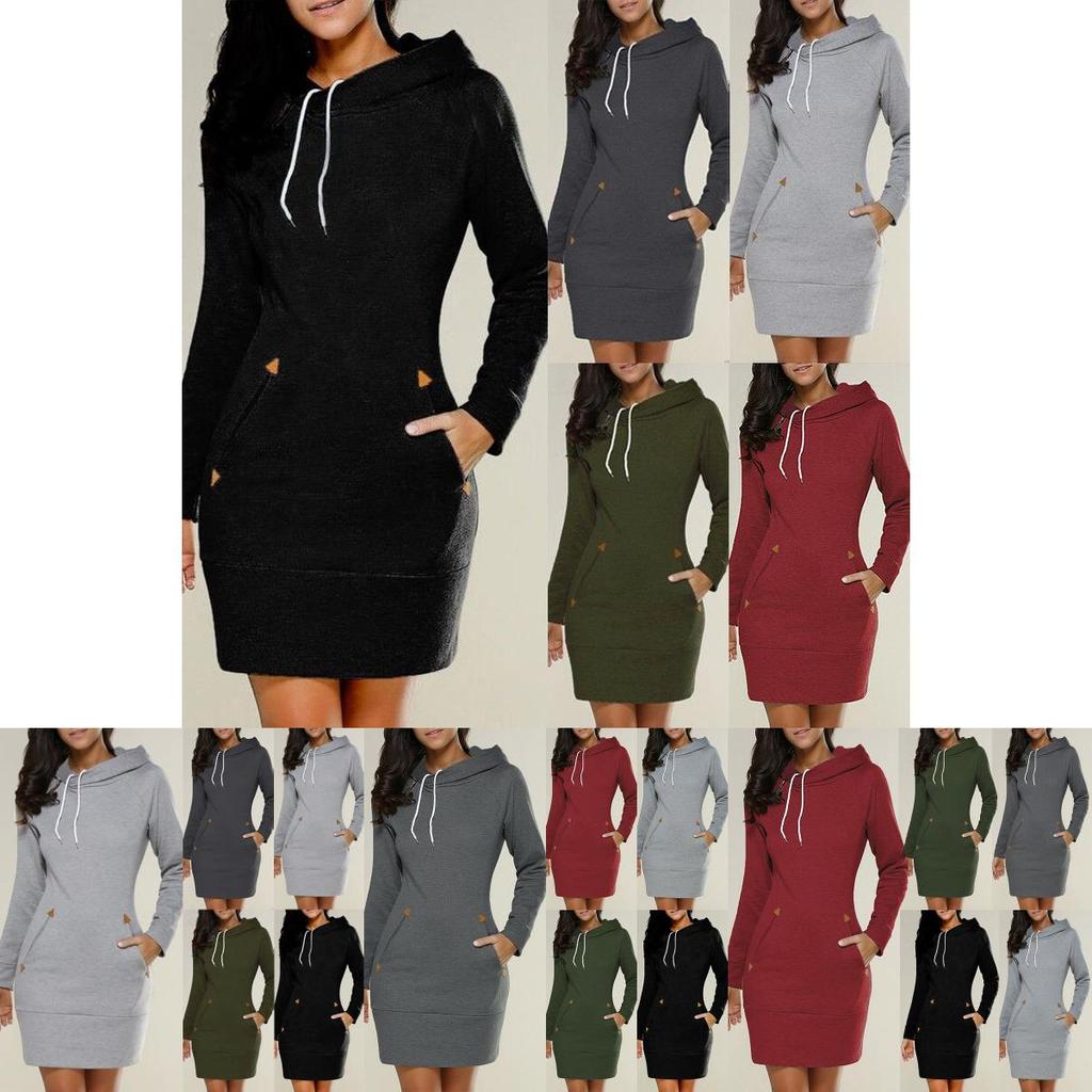 Womens Hooded Mini Dress Casual Long Sleeve Sweatshirt Jumper Slim Fit With Pockets