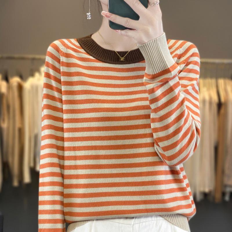 

Women s Color Block Round Neck Knitwear - Casual Striped Spring & Autumn Double-Strand Design (2025) Large абрикосовий/помаранчевий