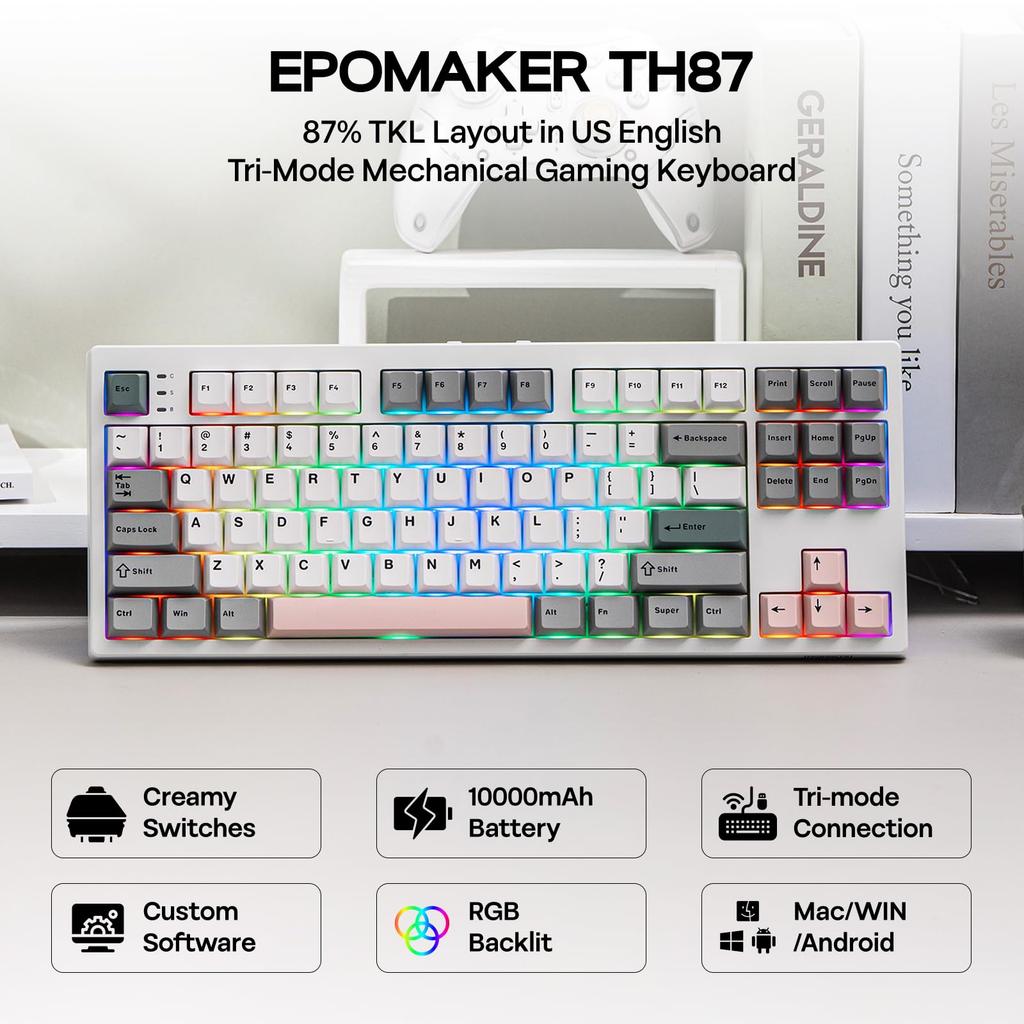 EPOMAKER TH87 Kabellose Mechanische Tastatur mit 10000mAh Benutzerdefinierter PBT RGB Gasket TKL Gaming Kompatibel Jade Akku, BT/2.4GHz/USB Kabelgebunden, Tenkeyless,