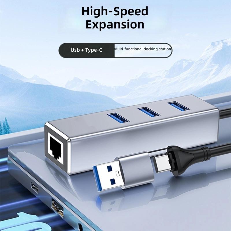 Aluminum Alloy USB C to RJ45 Networking Adapter With USB A Port And 3 USB Hubs Fast Speed 1000Mbps Ethernet Connection