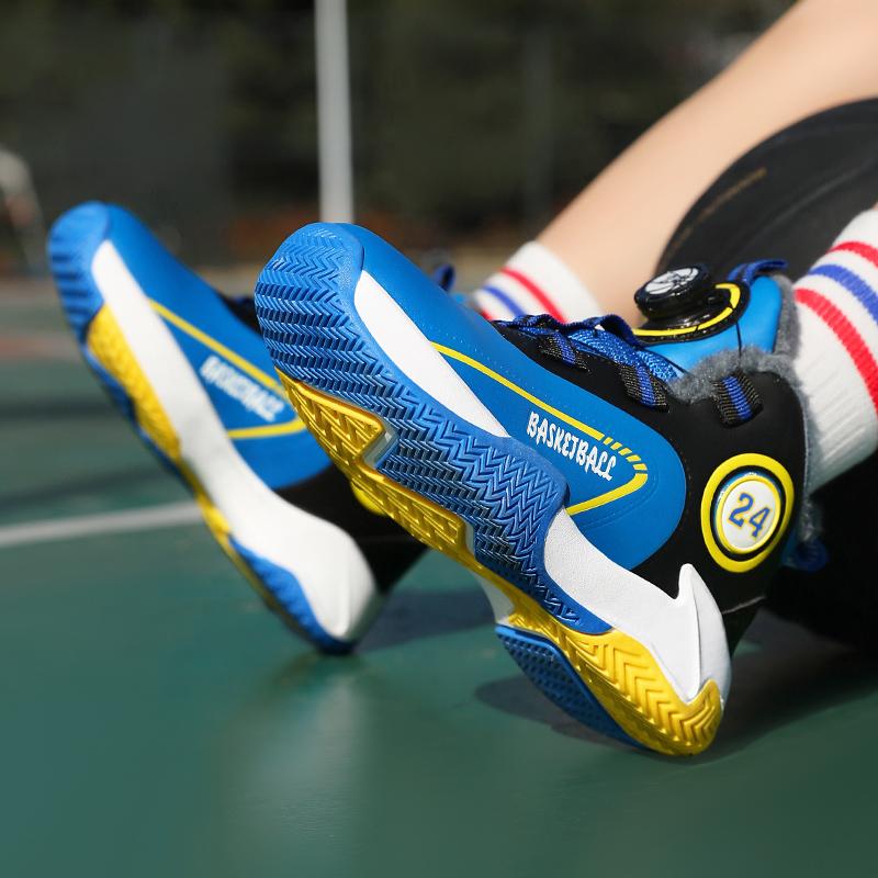 Autumn/Winter Warm Boys' Leather Rotating Buckle Basketball Shoes with Velvet, Children's Sports Professional Basketball Shoes