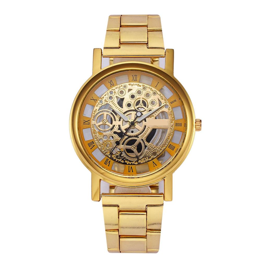 Wish Hollow Alloy Mesh Band Quartz Couple Watch - Imitation Mechanical Design
