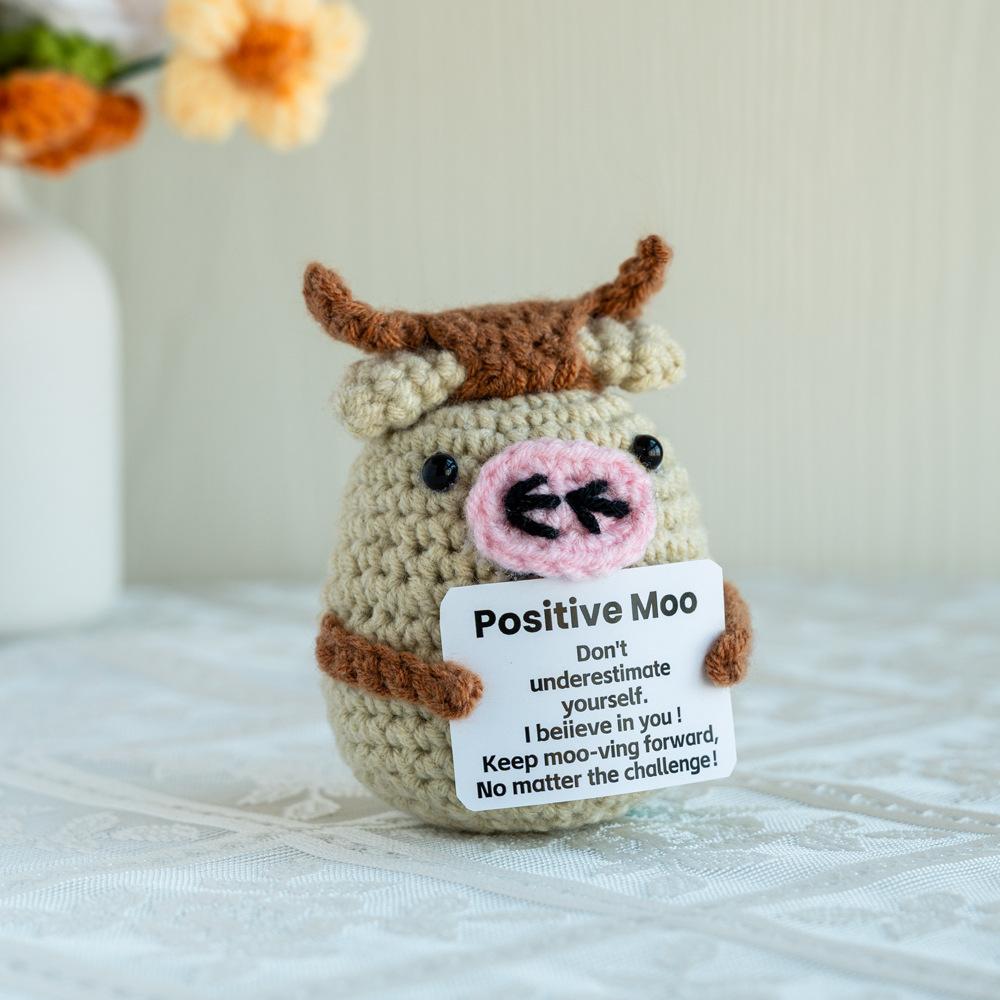 Funny Crochet Emotional Support Cow Doll With Card Desktop Ornament Handmade Knitted Positive Energy Cow Doll Christmas Gifts