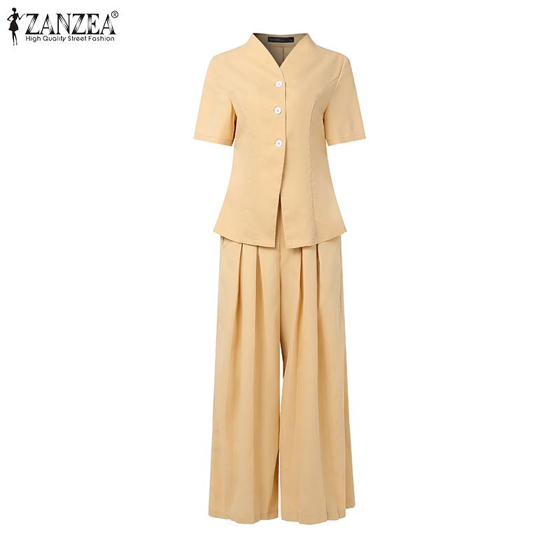 ZANZEA Women Short Sleeve Blouse and Wide Leg Pants Casual Two Piece Suit Set