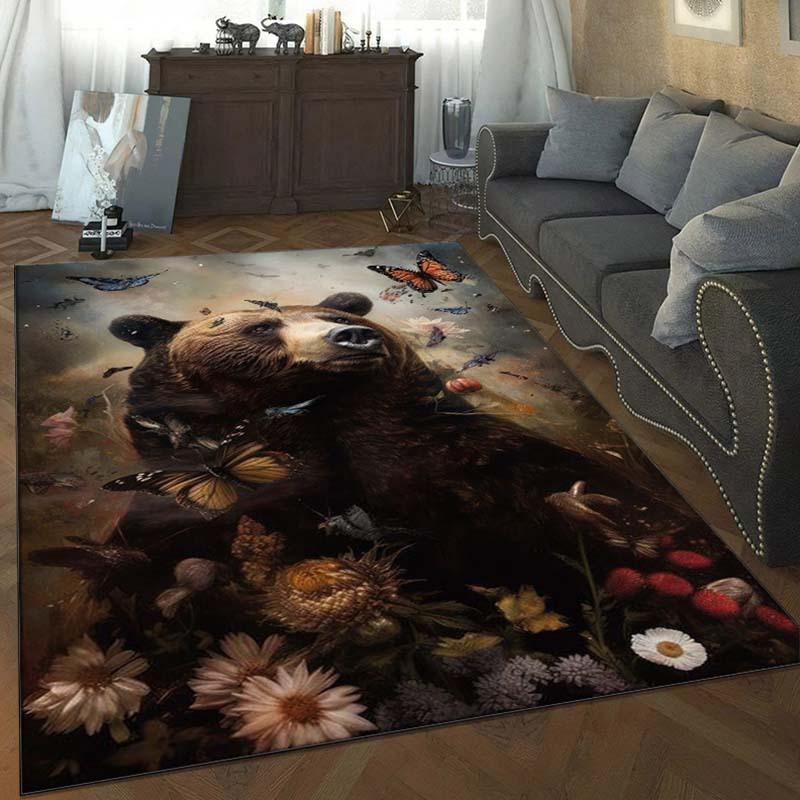 Tappeto Area a Tema Orso e Farfalla per Soggiorno - Morbido Tappeto in Peluche con Motivo Naturale, Accogliente Decorazione per la Casa Tappeto Antiscivolo